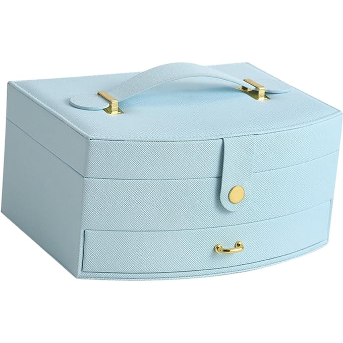 Sieradendoos met Spiegel Lades Grote Capaciteit PU Leer Draagbaar Dubbele Lagen Sieradendoos Blauw white