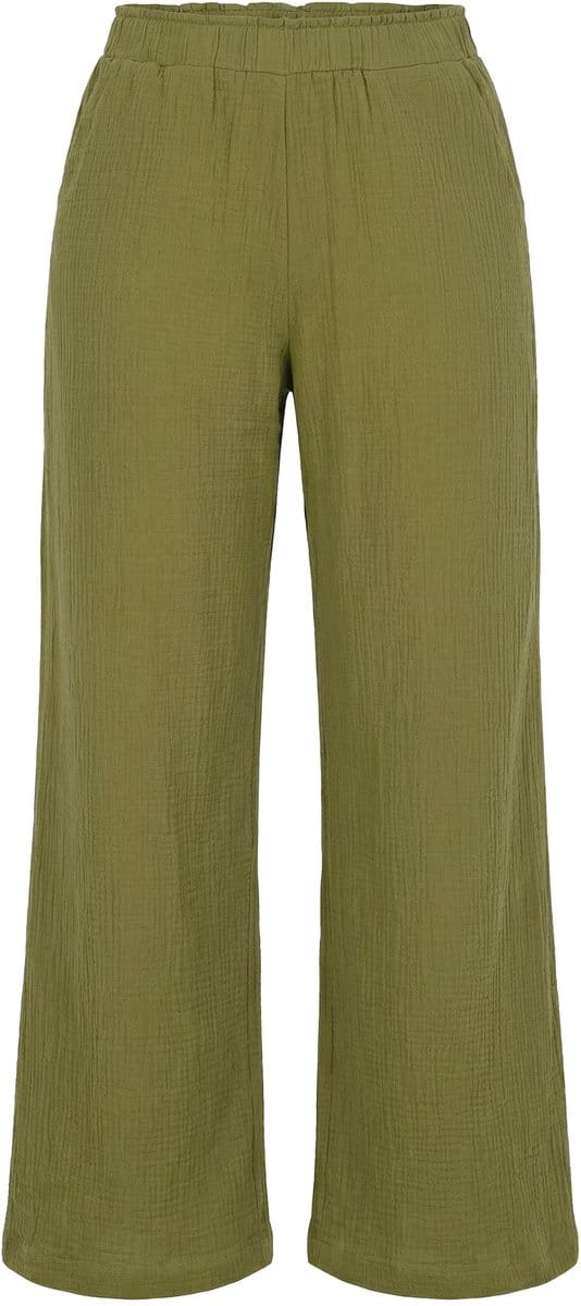 Studio Untold - Dames - Broek wijde pijpen mousseline elastische tailleband - Olijf - Maat 46