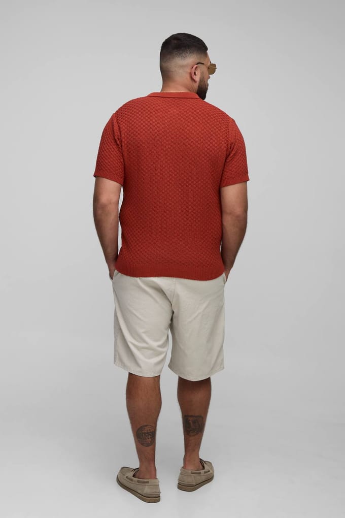 Plus Regular Fit Micro Ruit Gehaakte Polo Shirt | Burnt Orange | Size 2XL