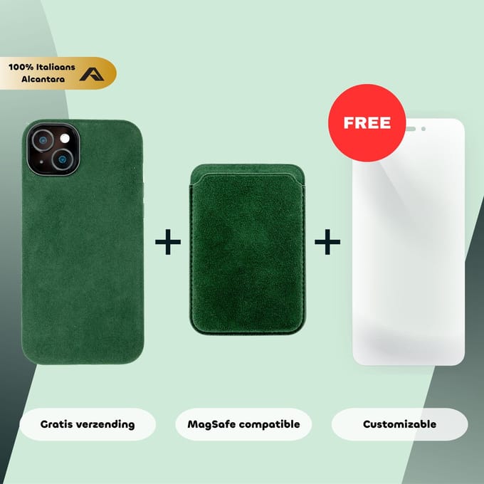 iPhone 15 Plus – Alcantara Case + MagSafe Wallet + Gratis Screenprotector | Emerald Green