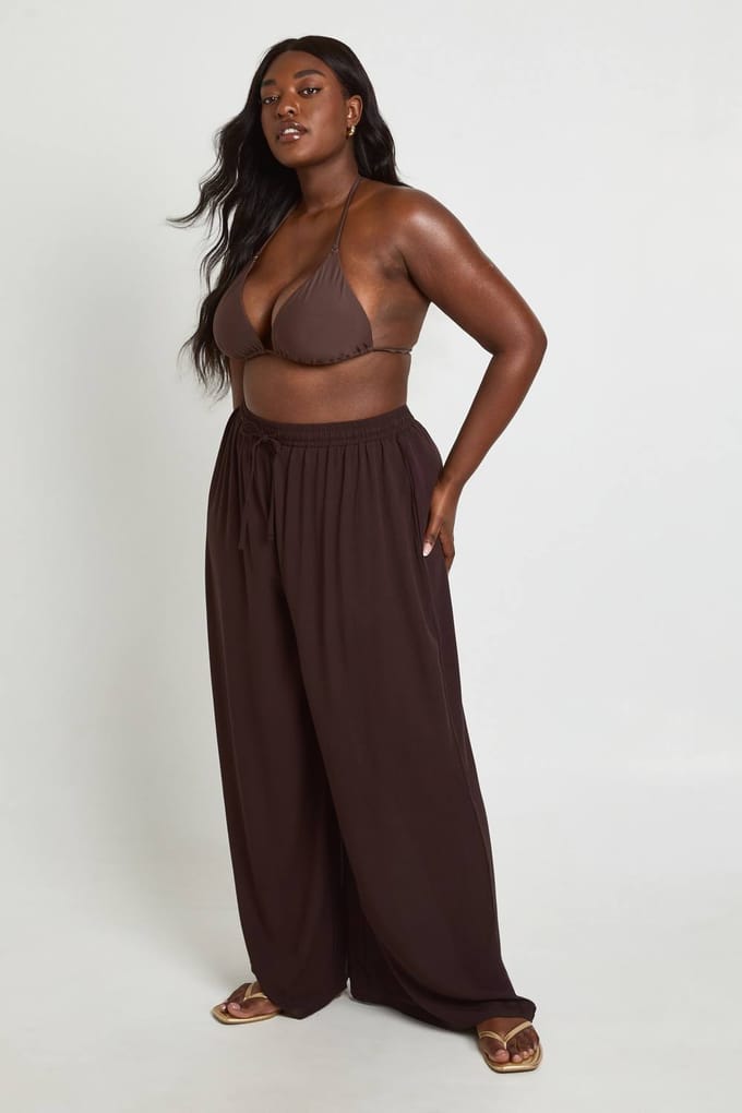 boohoo Dames Plus Essentials Oversized Linnen-look Broek | Chocoladebruin | Maat: 48