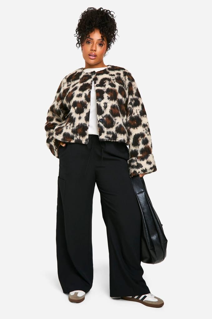 boohoo Dames Plus Luipaard Kraagloze Wollen Jas | Leopard | Maat: 18
