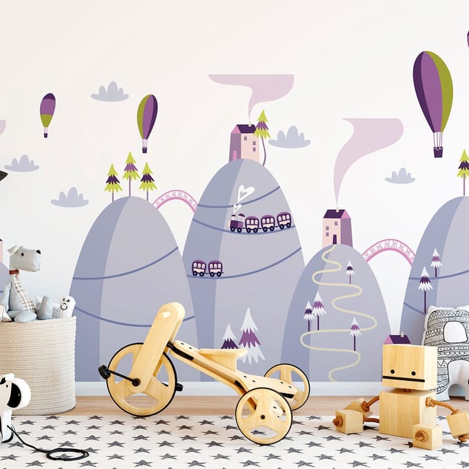 Scandinavische bergstickers met heteluchtballonnen in de lucht, 110 x 165 cm