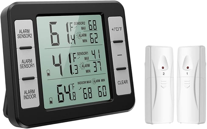 Digitale Thermometer Hygrometer - Koelkast Thermometer - Temperatuur Monitoren - Twee Externe Sensoren - 100M Bereik - Zwart