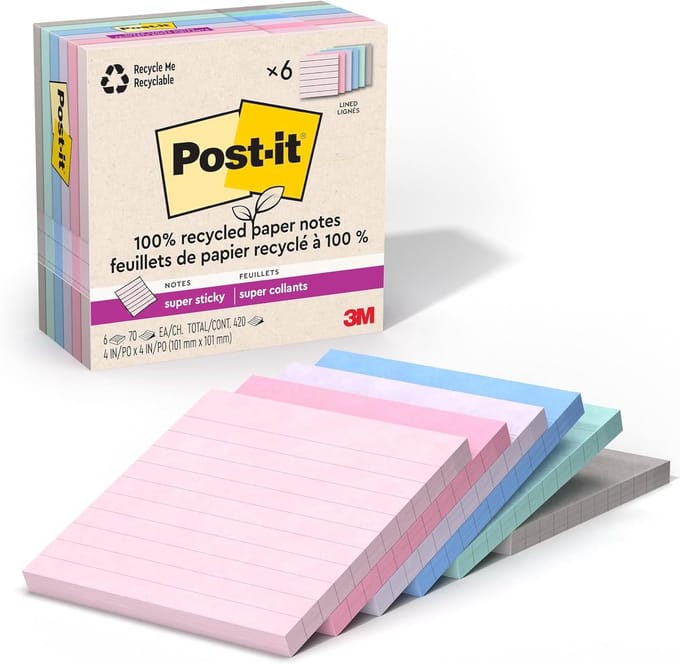 Post-it® Super Sticky Lined Notes 10x10 cm uit de Wanderlust Collection, 90 velletjes per blocnote, set van 6, herbergewonnen papier, biologisch afbreekbaar