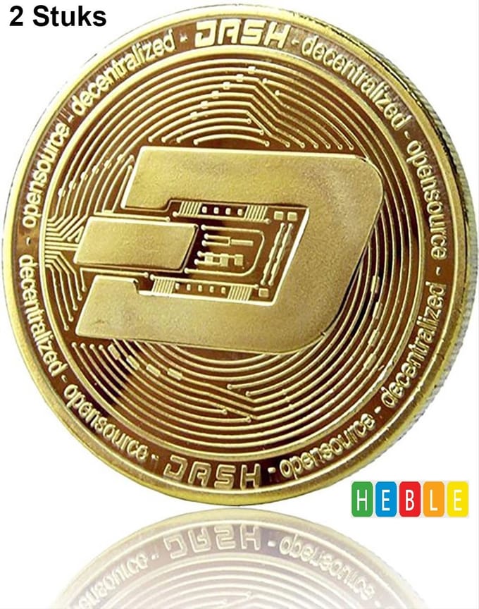 2x Dash Crypto-Token DSH - Goudkleurige Bitcoin & Dash Coins van Heble® -