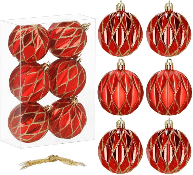 Springos Kerstballen | 6 Stuks | 12 cm | Rood/Goud