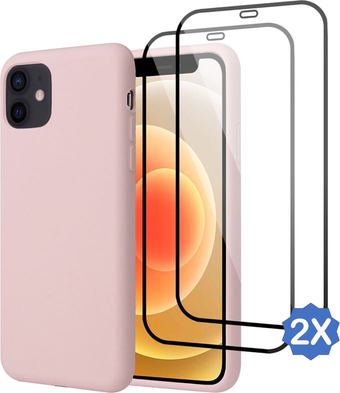 Geschikt voor iPhone 12 Pro Max - Hoesje + 2x Screenprotector – Full Cover Gehard Glas – Suède Back Cover Case Rose