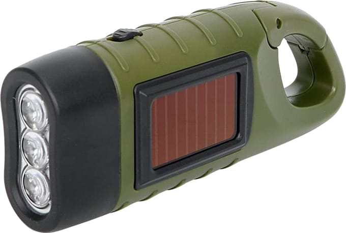 Hofftech | Compacte zaklamp met karabijnhaak | solar en dynamo - 3 LED | 124x45x32 mm | Noodlamp