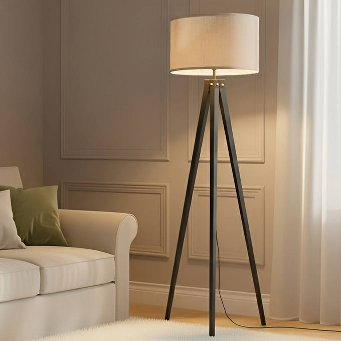 Lindby - vloerlamp- Driepoot - - 1licht - Textiel, hout - H: 152.6 cm - E27 - zwart, wit