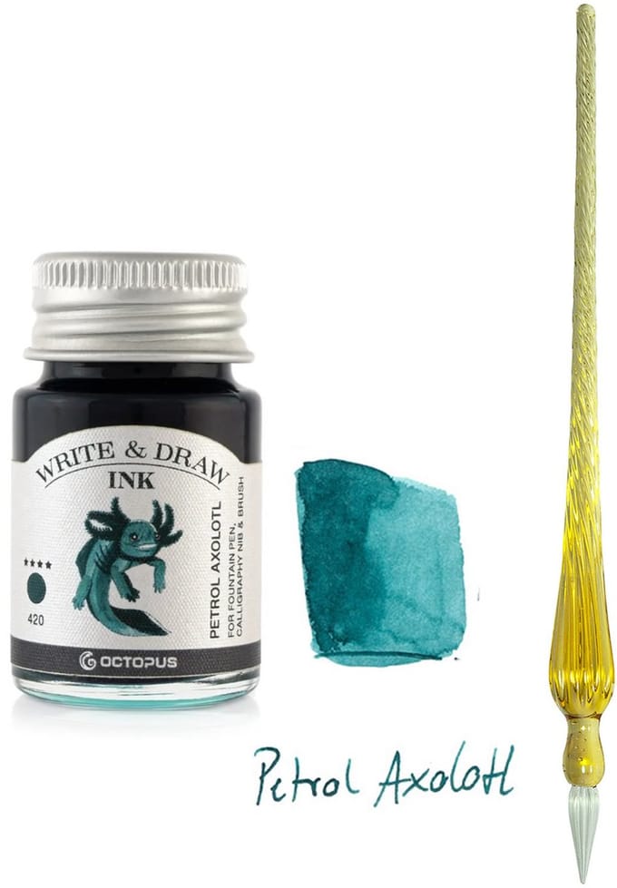 Glaspen - Glazen Dip Pen set in doosje Oranje - Potje - Octopus - Vulpen inkt - petrol axoloth