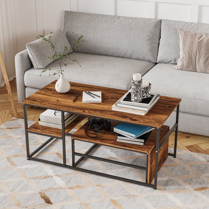 Moderne Salontafel 105x52x48,5 cm – Vierkant Houtlook Blad & Zwarte Frame – Functioneel