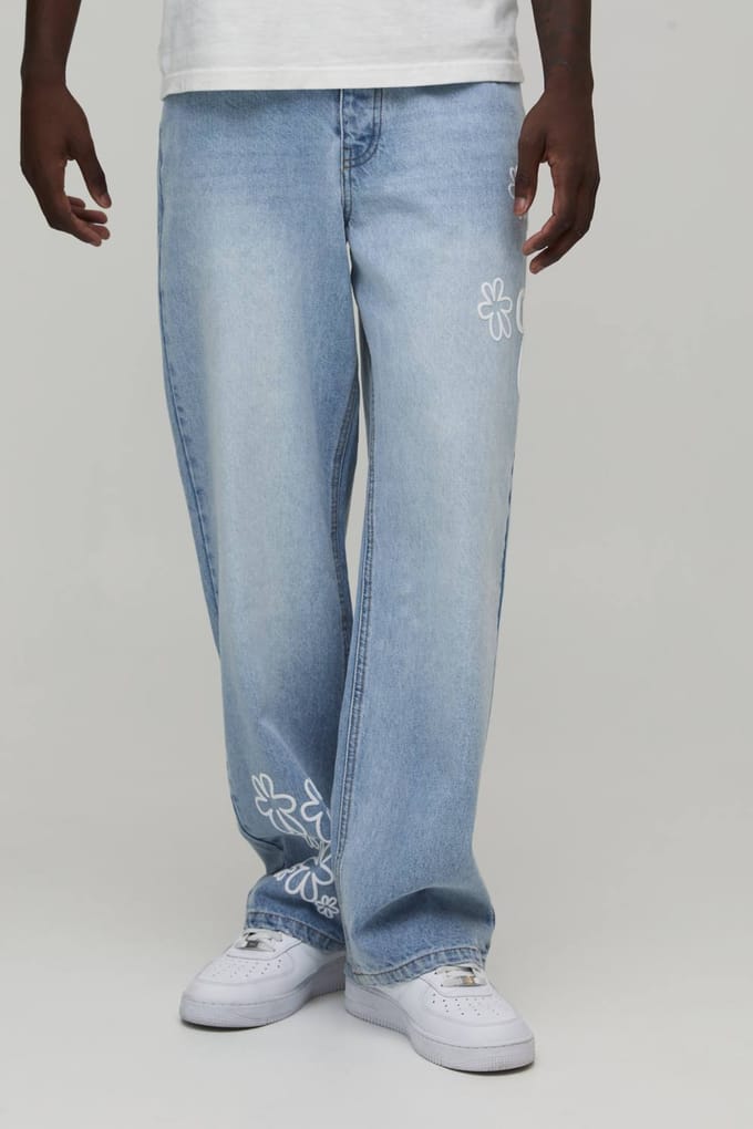 Relaxed Fit Jeans Met Bloemen Puff Print | Light Wash | Size 44R