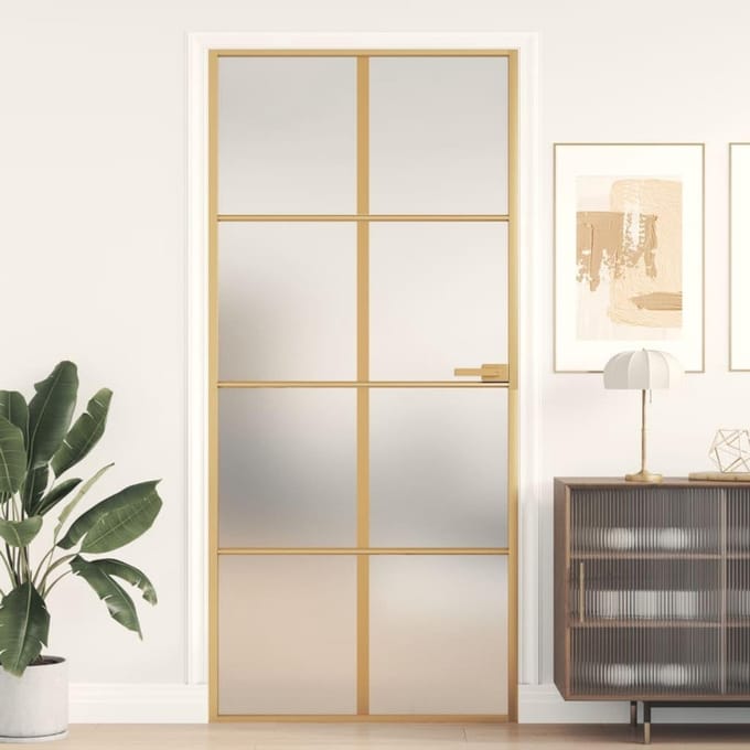 Binnendeur Glas - Moderne Deur - Ruimtes Scheiden - Gehard Mat Glas - 93x2015 cm - Goud Aluminium