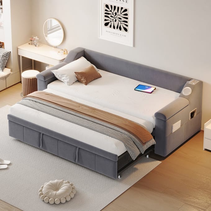MODFU Bedframe 90x190 cm – Uitschuifbaar naar 180x190 cm – Met Bluetooth, USB en opbergvakken – Grijs fluweel