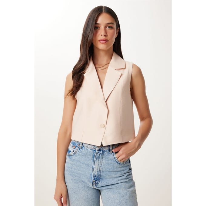 Mouwloze Linnen Schalencollar Cropped Vest