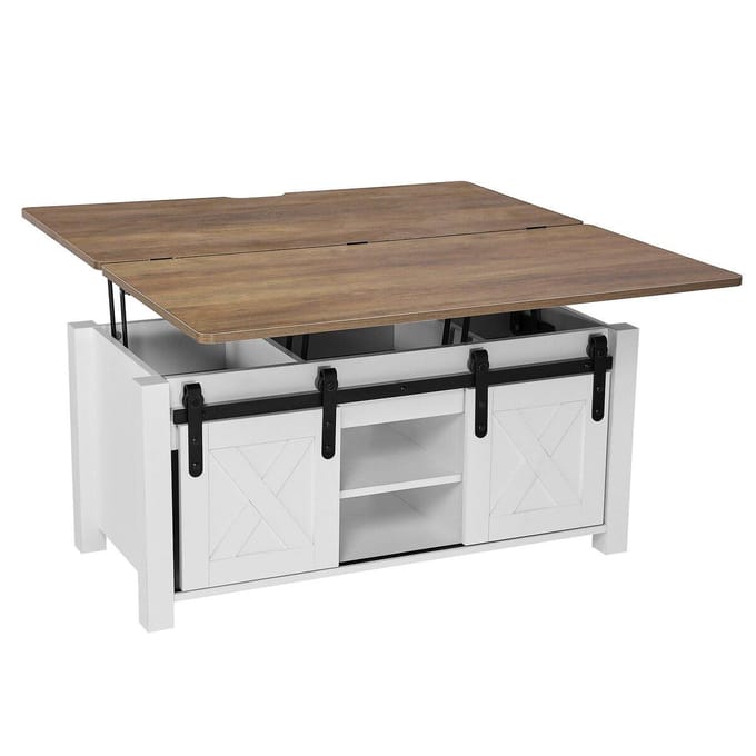 1000 mm Boerderij Lift Top Salontafel, Rustieke Centrale Tafel met Schuurdeur en Verborgen Opbergvak, Moderne Rechthoekige Hefbare Tafelblad voor