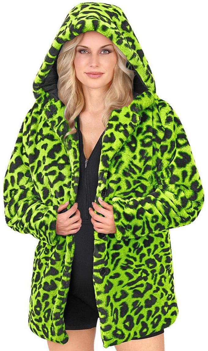 Bontjas met Kap Pluche Luipaard Neon Groen - Maat XXL