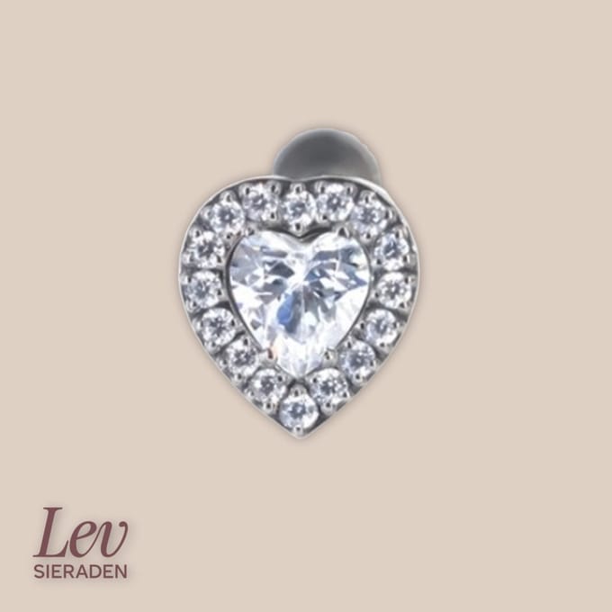 Lev Sieraden - Zilver kleur Hart Titanium Push Pin Labret piercing met steen , lip , oor, helix piercing