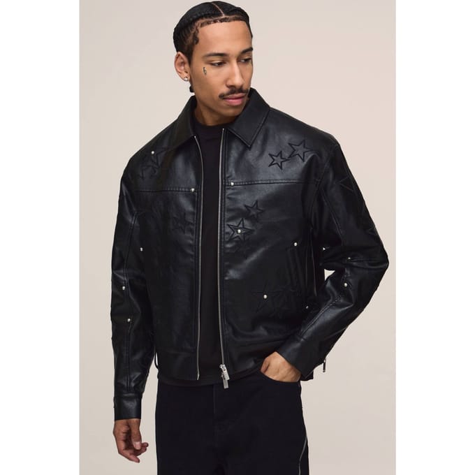 PU Star Applique Harrington Jacket | Black | Size Medium