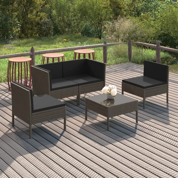 vidaXL - 5-delige - Loungeset - met - kussens - poly - rattan - grijs