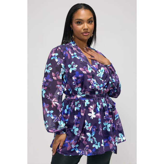 Yours London Blauwe Wikkeltop Met Bloemenprint Size 52
