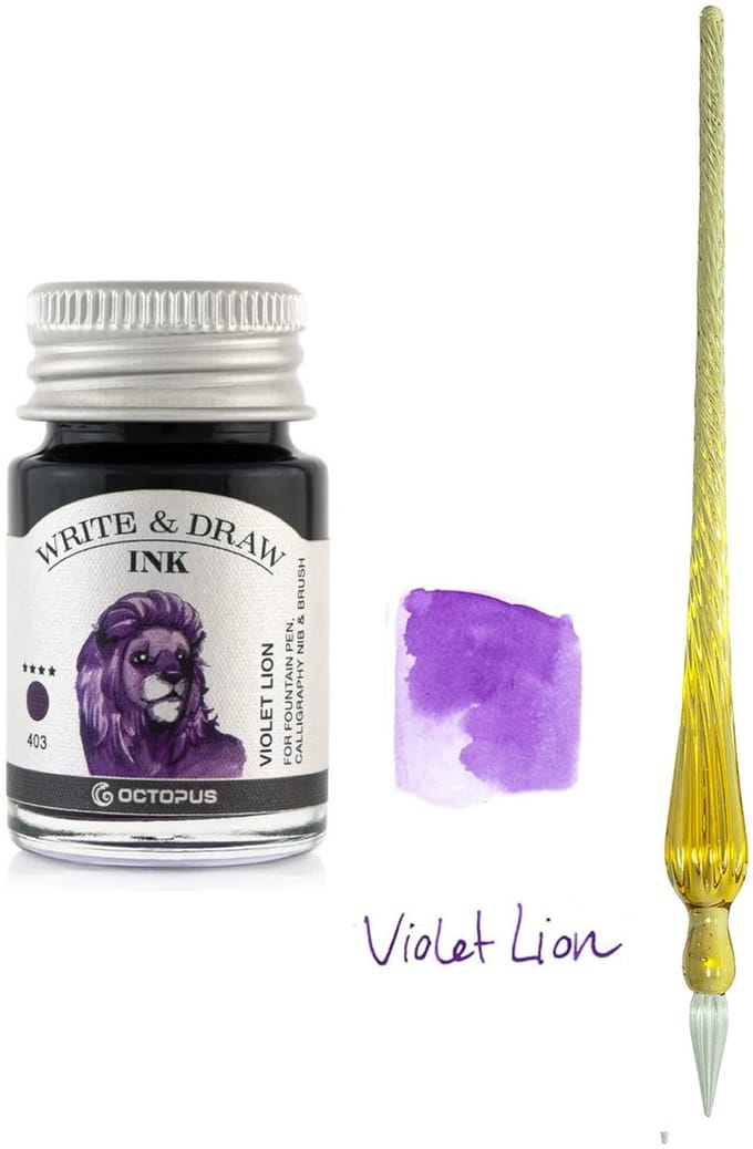 Glaspen - Glazen Dip Pen set in doosje Oranje - Potje Octopus inkt violet lion