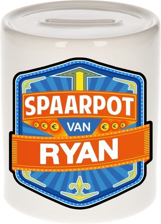 Bellatio Decorations Kinder spaarpot met naam - Ryan - keramiek - met dop - wit - Sparen - Spaargeld van Ryan