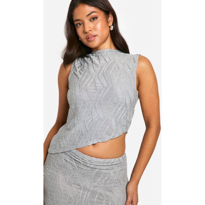 boohoo Dames Petite High Neck Getextureerde Top | Zilvergrijs | Maat: 42