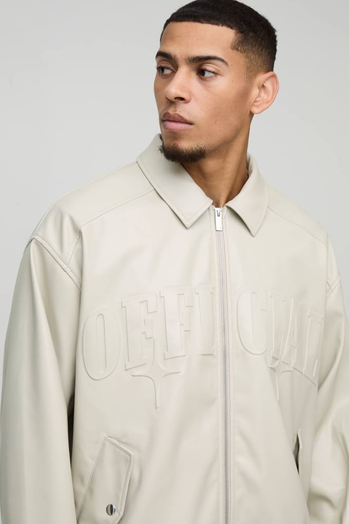Official Oversized PU Embossed Collard Bomber Jacket | Ecru | Size Large