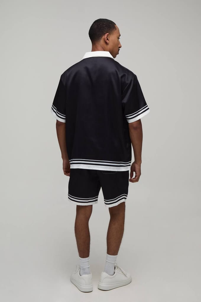 Oversized Short Sleeve Double Boarder Print Satin Shirt & Short Set | Black | Size Medium