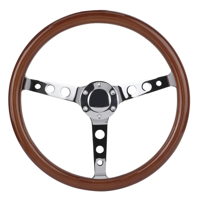 15in 6-gaats Stuurwiel Retro Mahonie Houten Grip RVS Spaken met Hoornkap Kabel gray