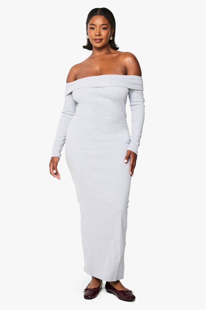 boohoo Dames Plus Basic Geribbelde Bardot Maxi Jurk | Grijze Mergel | Maat: 48