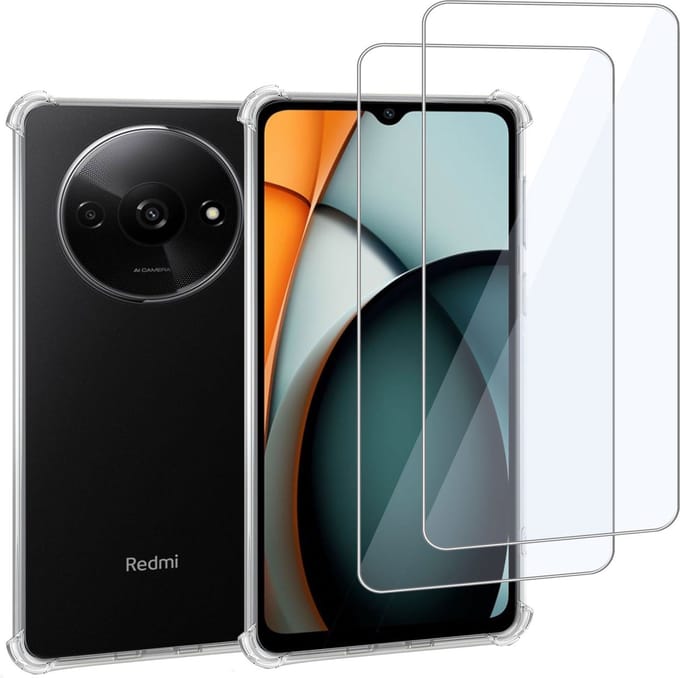 Geschikt voor Xiaomi Redmi A3 - Hoesje + 2x Screenprotector – Gehard Glas Cover + Shock Proof Case – Transparant