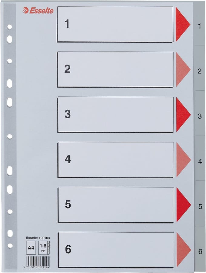Esselte Index A4 - Tabs 1-6 - 0,12mm PP - 11-gaats - Grijs