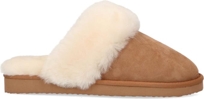 Manfield - Dames - Cognac pantoffels met wollen voering - Maat 41