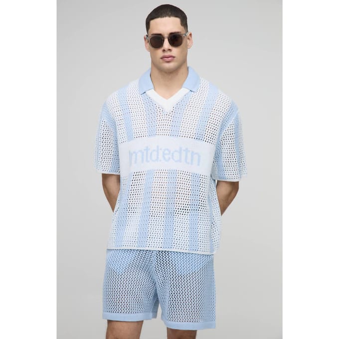 Regular Fit Open Stitch Stripe Football V-hals Gebreide Korte Set | Light Blue | Size Medium