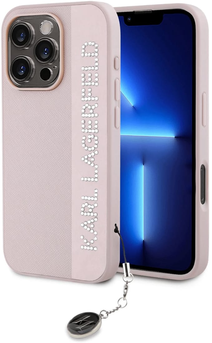 Karl Lagerfeld - Backcover iPhone 16 Pro - Saffiano rhinestones and charm - Roze