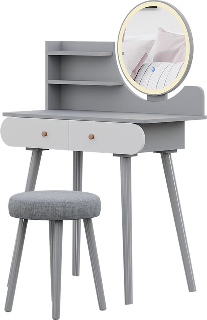 Vicco Kaptafel set met kruk Edda, Grijs, 80 cm met LED-spiegel en kruk