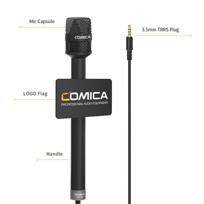 COMICA HRM-S Handheld Interview Microfoon voor Smartphone 3.5mm TRRS Plug Cardioïde Condensator Microfoon zwart