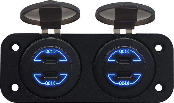 ProRide 12V USB C Autolader 4 Poorten Inbouw - 30W - QC4.0 - USB Stopcontact voor Auto, Boot en Camper - Complete set - Blauw