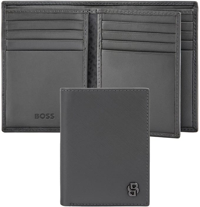 HUGO BOSS Leren kaarthoes Double B Card Case Saffiano Grey grijs