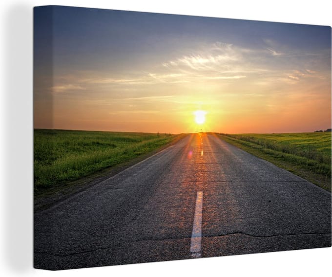 Canvas Schilderij Zonsopkomst boven de weg - 90x60 cm - Wanddecoratie