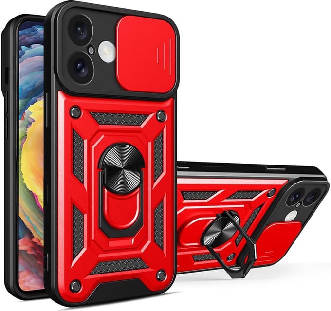 MobyDefend Hoesje - Geschikt voor iPhone 16 - Pantsercase Met Draaibare Ring - Rood
