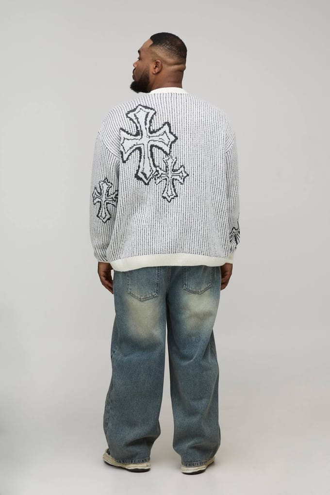 Plus oversized boxy pluizige cross jacquard gebreide trui | Ecru | Size 2XL