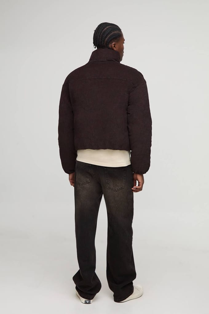 Boxy Fit Textured Velour Funnel Neck Puffer Jacket | Chocolate | Size Medium