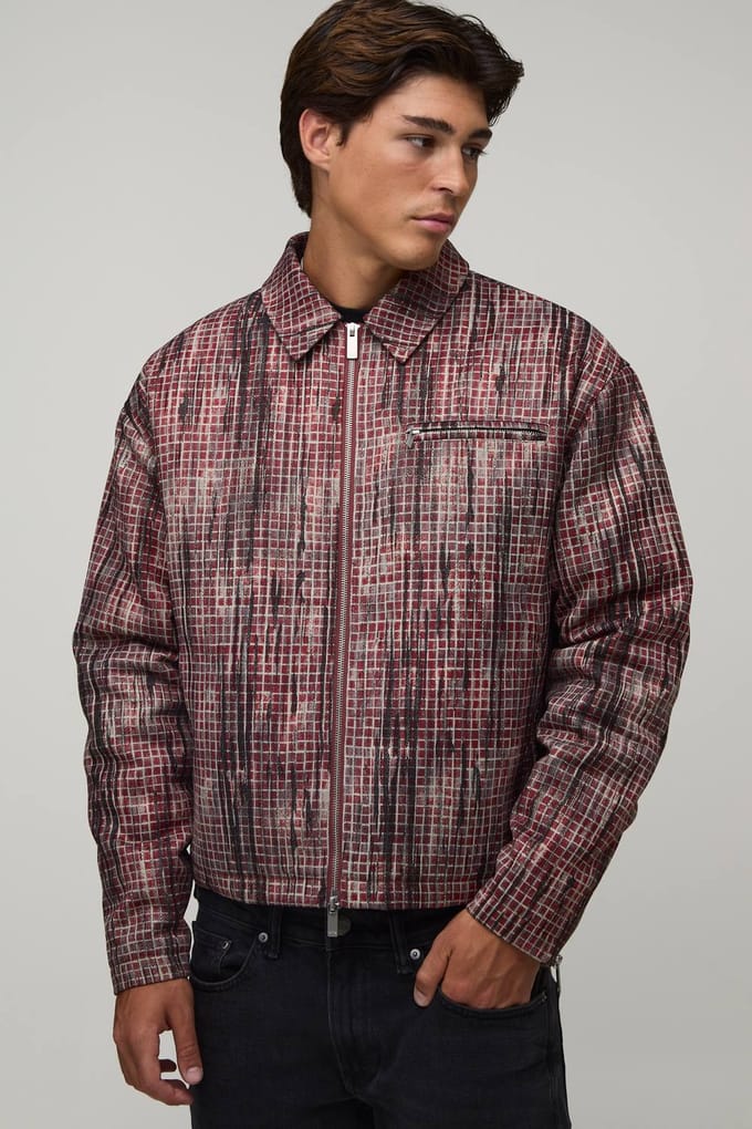 Boxy Fit Distressed Check Harrington Jas | Red | Size XS