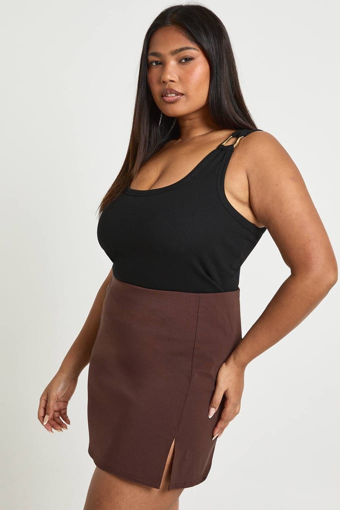 boohoo Dames Plus Bengaline Split A-lijn Rok | Chocoladebruin | Maat: 46