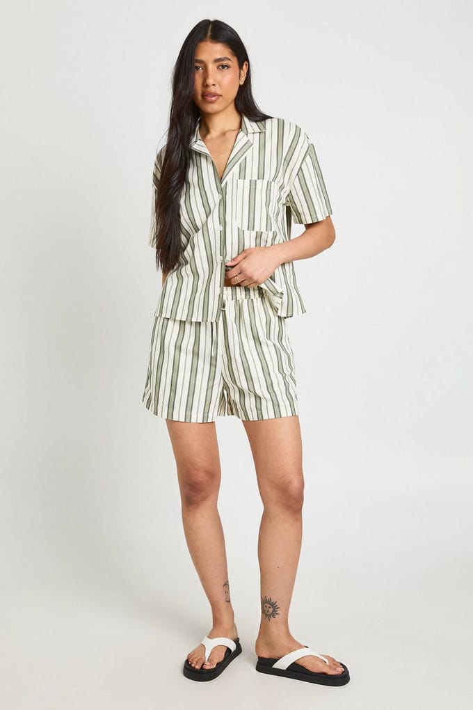 boohoo Dames Lange Premium Linnen Gestreepte Short | Verstandig | Maat: 36