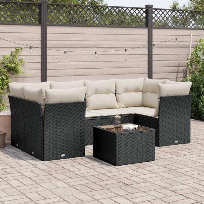 vidaXL - 7-delige - Loungeset - met - kussens - poly - rattan - zwart